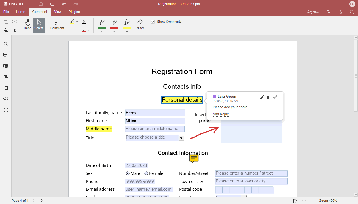 Editor de documentos PDF de ONLYOFFICE Docs 7.5